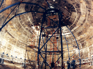 View of the top hemisphere of the acrylic vessel during construction.